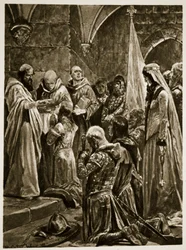 Die Salbung Eduards des Märtyrers bei seiner Krönung durch den heiligen Dunstan in Kingston upon Thames, aus „The Illustrated London News“, 1902